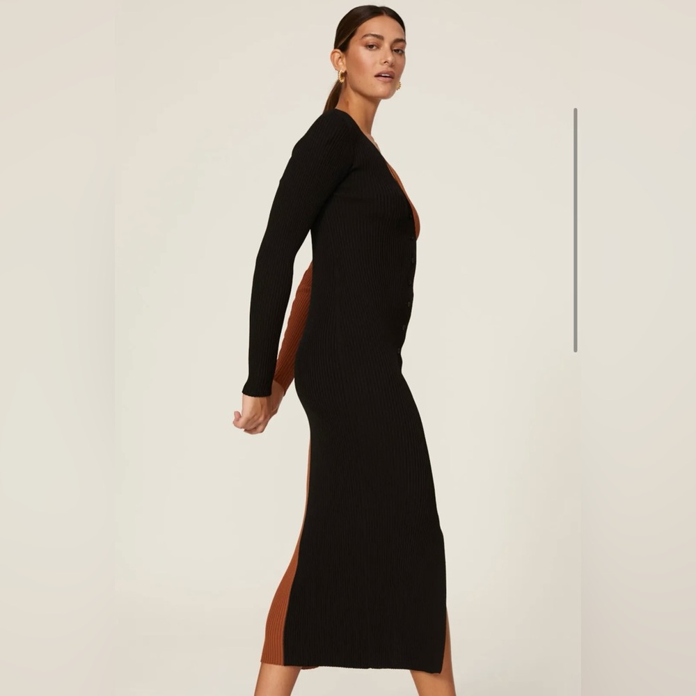 STAUD SHOKO COLORBLOCK RIB KNIT DRESS IN TAN AND BLACK SIZE S - Picture 3 of 8